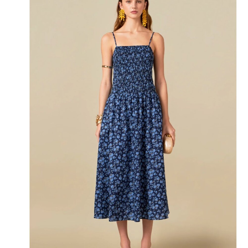 ENGLISH FACTORY Navy Floral Print Smocked Midi Dress, Size S